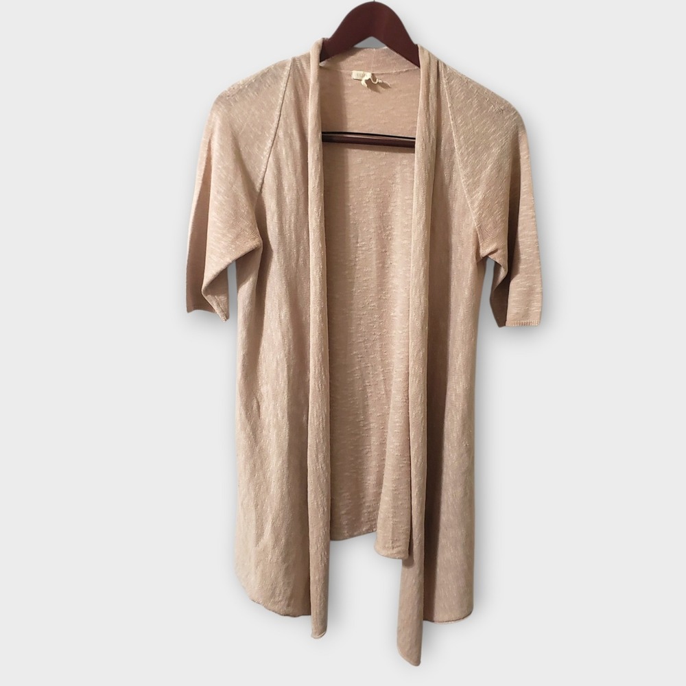 Eileen Fisher Linen Cotton Blend‎ Short Sleeve Open Front Cardigan Tan Beige XS